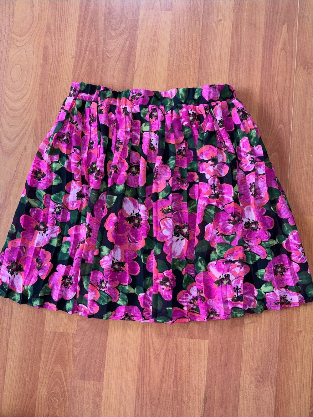 Bright Pink Floral Pleated Skater Skirt